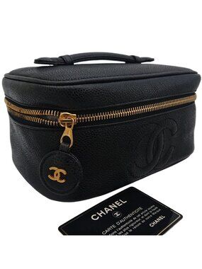 Chanel Vanity Bag Caviar Leather CC Logo Black Gold
